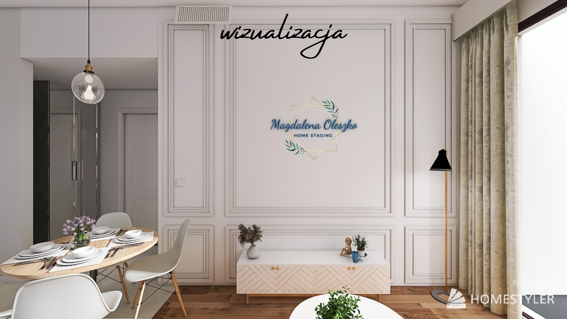 Wizualizacja jadalni z owalnym stołem, białymi krzesłami i dekoracyjną ścianą z logo firmy Home Staging.