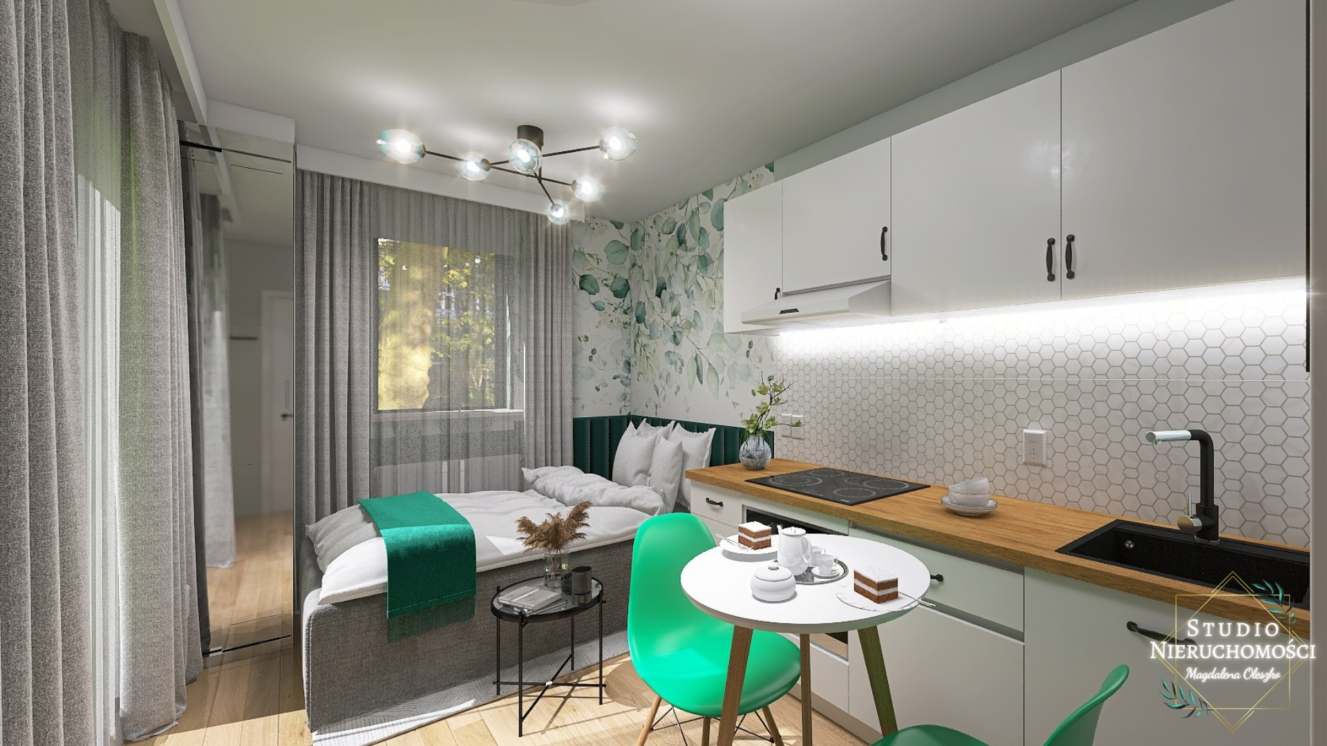 Wizualizacja małego mieszkania typu studio z aneksem kuchennym, łóżkiem przy oknie i zielonymi akcentami kolorystycznymi.