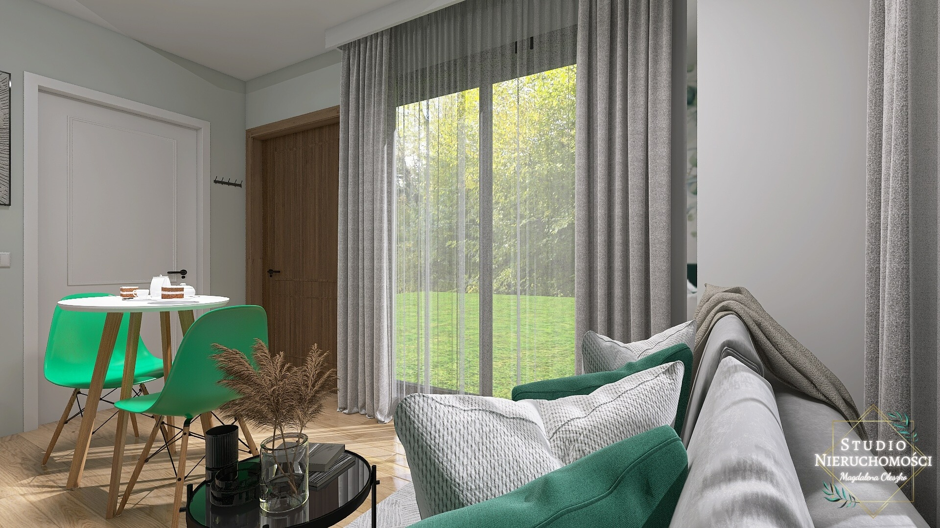 Wizualizacja wnętrza: salon z zielonymi akcentami, okrągły stół z filiżankami, sofa z poduszkami, widok na ogród przez okno z zasłonami.