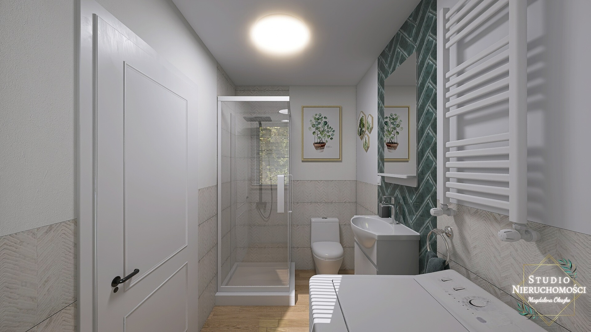 Wizualizacja łazienki z kabiną prysznicową, umywalką, toaletą, pralką, grzejnikiem drabinkowym i dekoracyjną ścianą w zieloną jodełkę, uzupełniona o obrazy z motywem roślinnym.