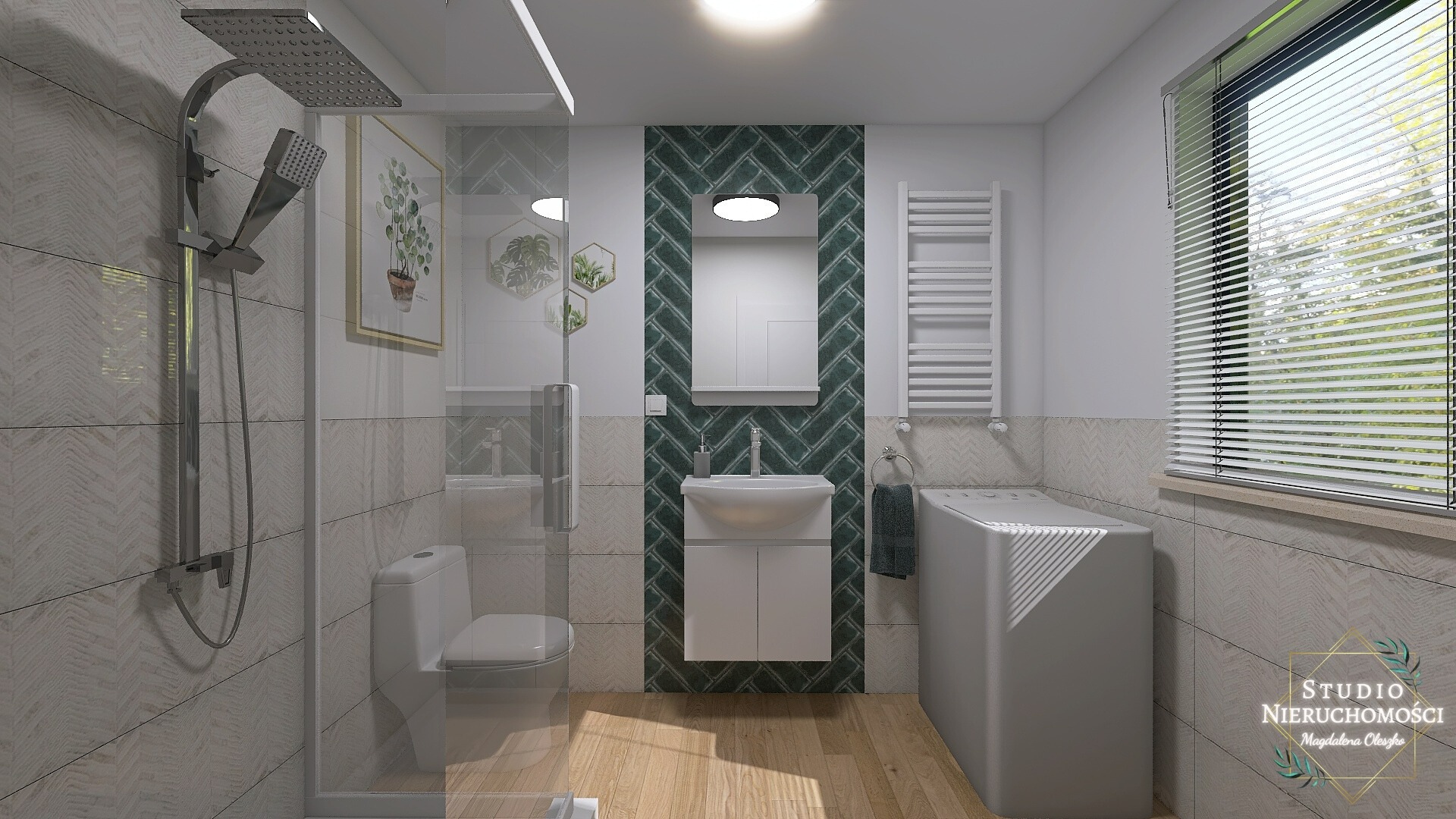 Nowoczesna łazienka z prysznicem typu walk-in, umywalką na szafce z zieloną mozaiką w jodełkę, grzejnikiem drabinkowym i pralką pod oknem z żaluzjami.