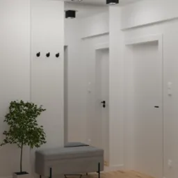 Minimalistyczny przedpokój w bieli z drewnianą podłogą, szarą pufą z siedziskiem, lustrem, czarnymi hakami na ścianie i rośliną w doniczce.