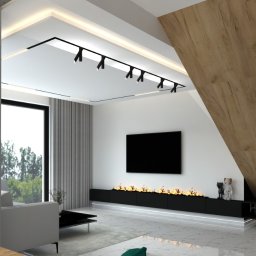 MERE Pracownia Architektury Marzena Maziarz - Nowoczesny salon z minimalistycznym kominkiem, drewnianymi schodami i oświetleniem punktowym na suficie.