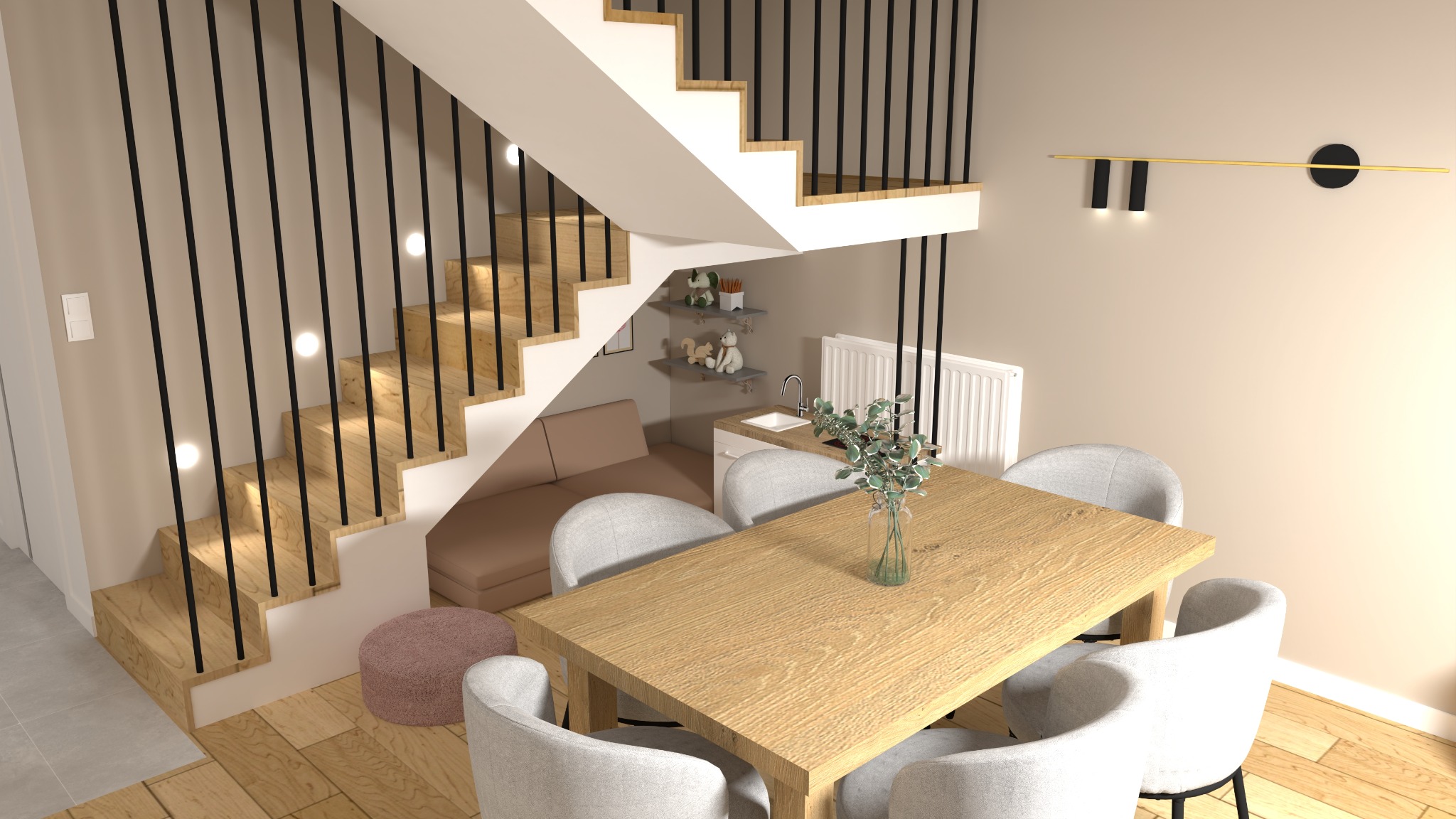 Wizualizacja wnętrza: drewniany stół jadalny z szarymi krzesłami, schody z czarnymi barierkami, sofa w odcieniach beżu pod schodami, dekoracyjna lampa na ścianie.