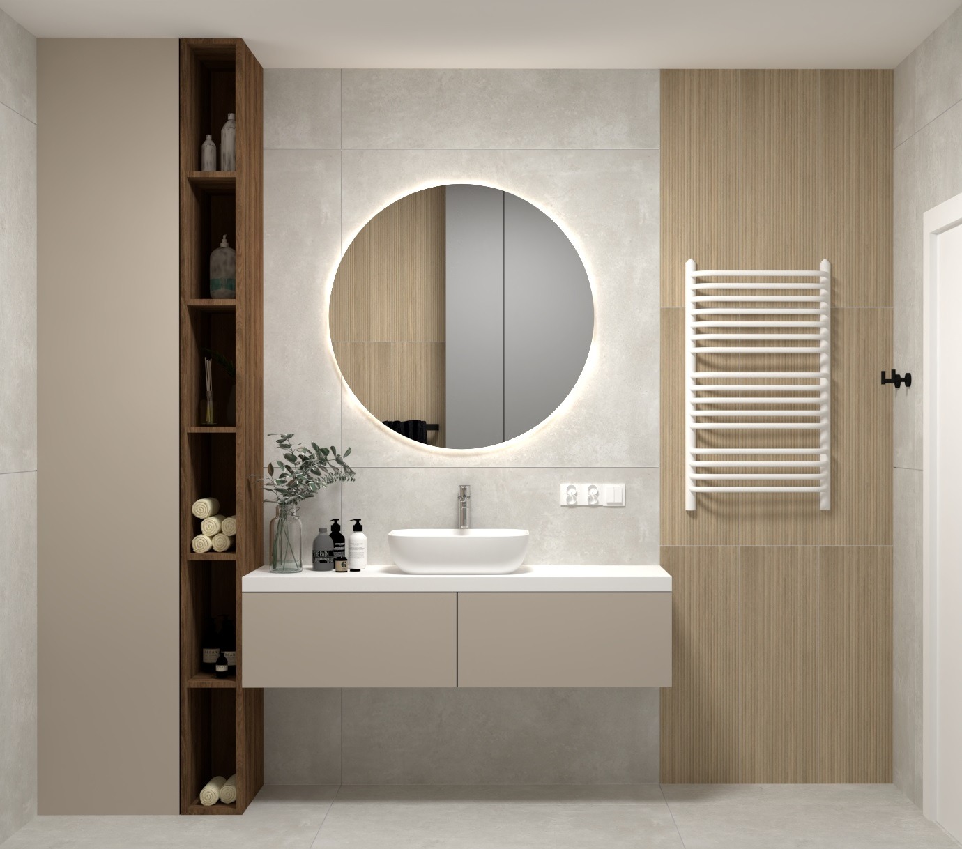 Nowoczesna łazienka z okrągłym lustrem podświetlanym LED, beżową szafką pod umywalką, drewnianą ścianą i białym grzejnikiem drabinkowym.