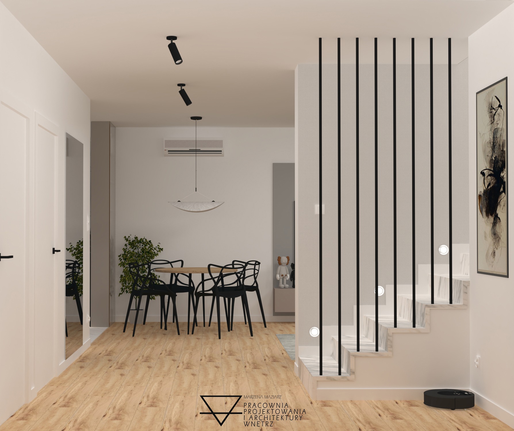 Wizualizacja wnętrza z drewnianą podłogą, okrągłym stołem z czarnymi krzesłami, minimalistycznymi schodami z czarnymi balustradami, oświetleniem punktowym i rośliną w tle, uzupełniona o robot...