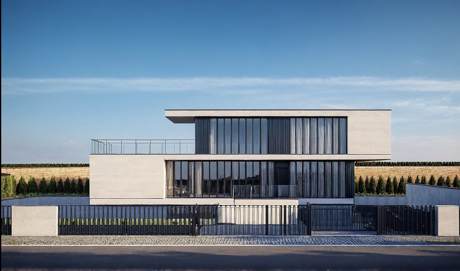 Dwukondygnacyjny, nowoczesny dom z płaskim dachem i dużymi oknami, otoczony ogrodzeniem. W tle widoczny pas zieleni i błękitne niebo.