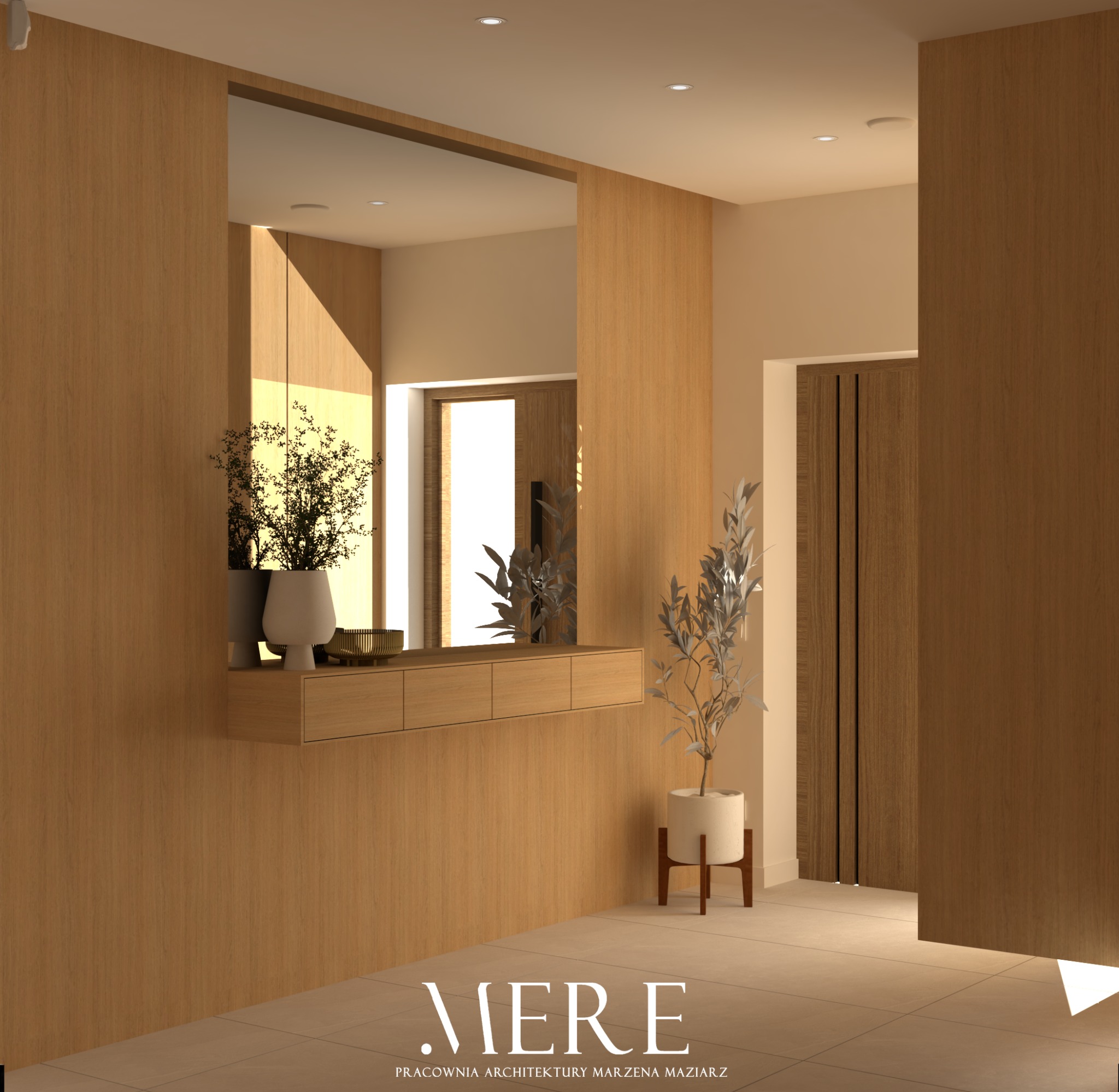 Nowoczesny przedpokój z lustrem, drewnianą konsolą i roślinami w doniczkach. Minimalistyczny design, ciepłe oświetlenie, jasne płytki podłogowe. Projekt autorstwa Pracowni Architektury Marzena...
