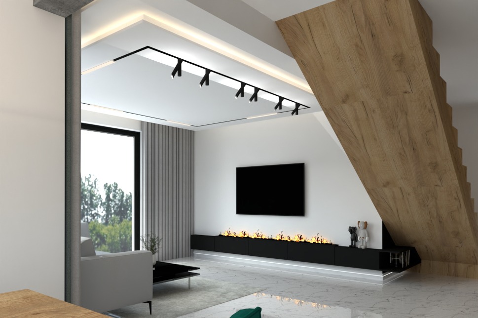 Nowoczesny salon z minimalistycznym kominkiem, drewnianymi schodami i oświetleniem punktowym na suficie.