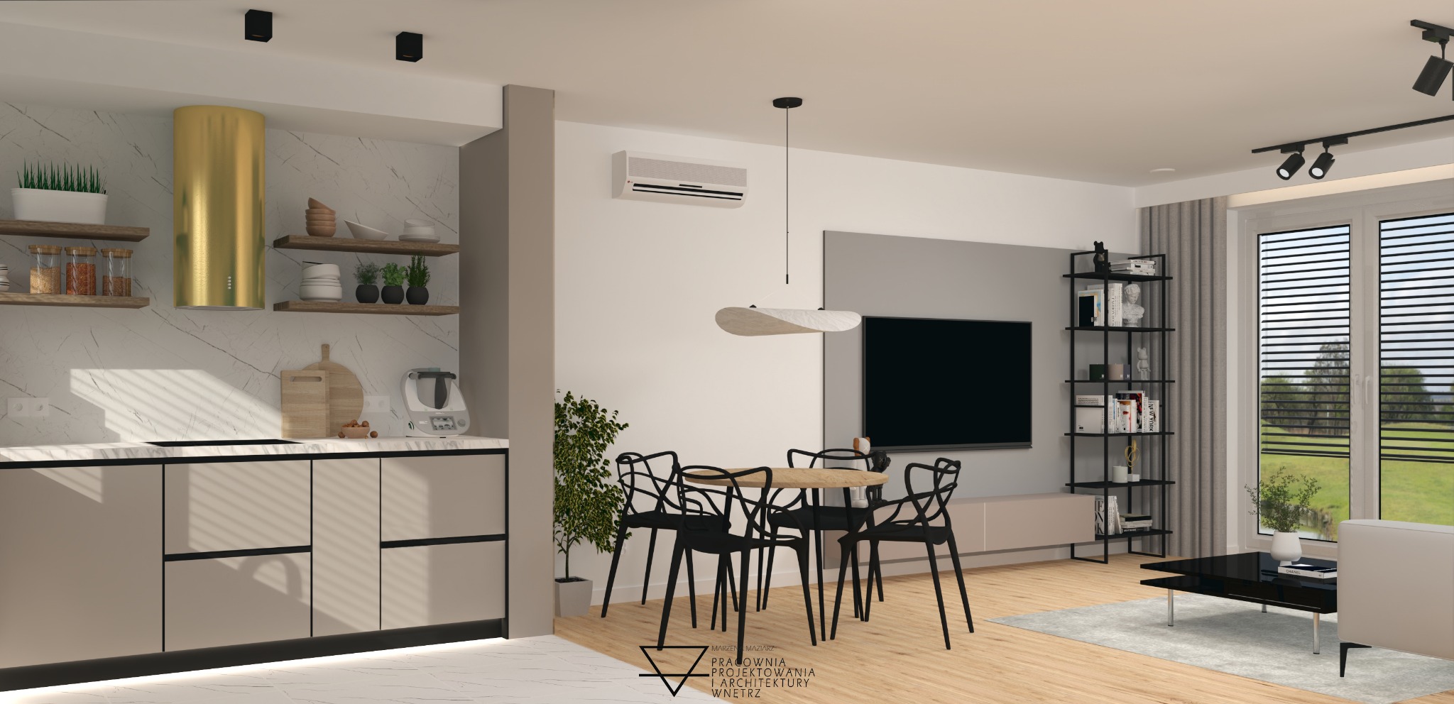 Wnętrze mieszkania z otwartą kuchnią, jadalnią i salonem w nowoczesnym stylu. Widoczna złota tuba okapu, marmurowe ściany, drewniane półki, okrągły stół z czarnymi krzesłami oraz regał z książkami.