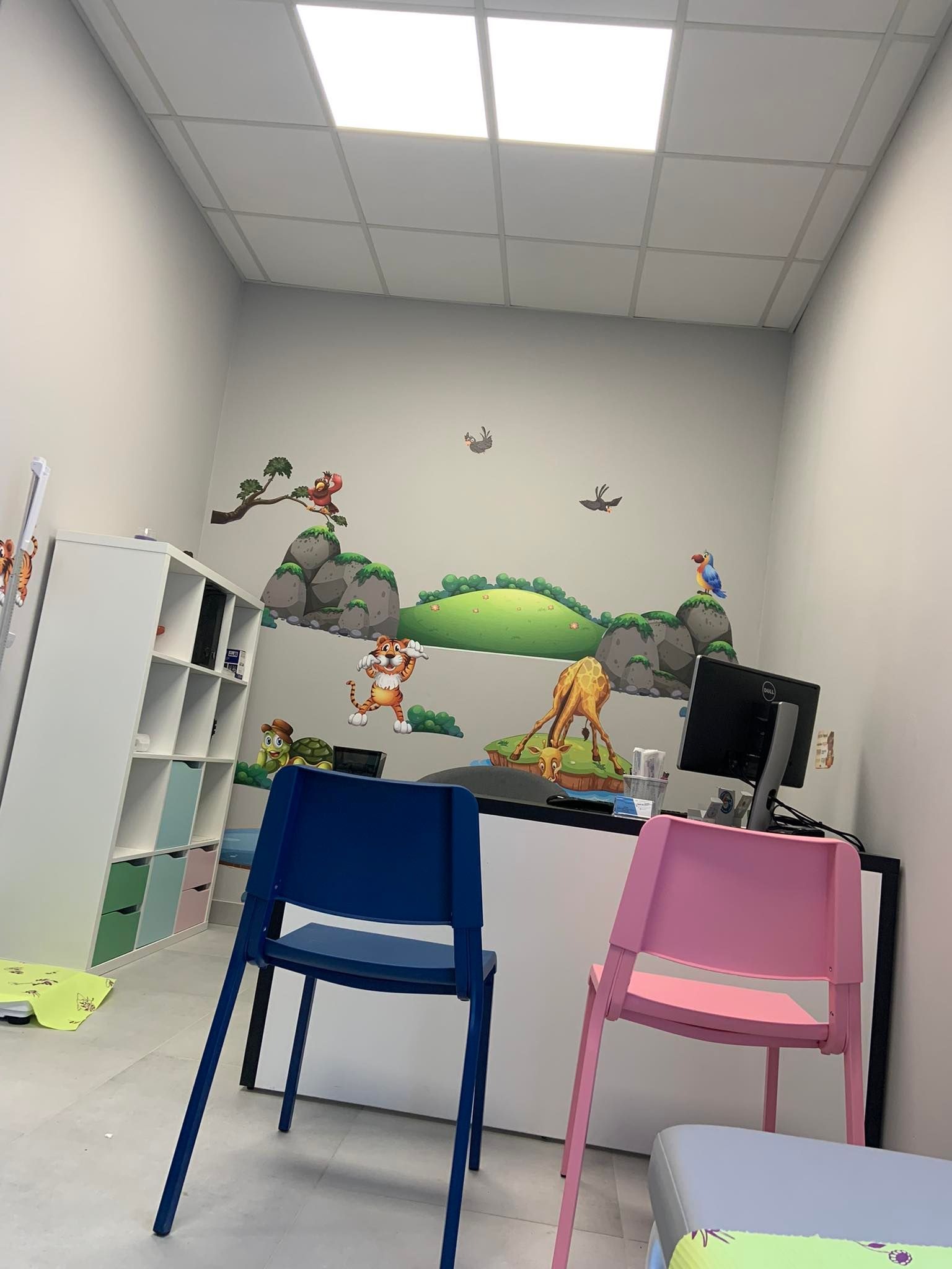 Gabinet lekarski z dekoracją ścienną przedstawiającą zwierzęta, niebieskie i różowe krzesło plastikowe, biurko z monitorem Dell.