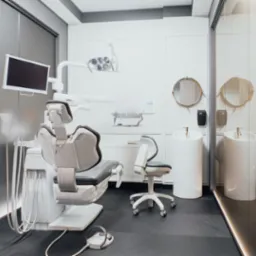 Nowoczesny gabinet dentystyczny z szarymi i białymi elementami, wyposażony w fotel dentystyczny, unit z monitorem, lampę zabiegową, umywalki na postumentach z okrągłymi lustrami oraz dodatkowe...