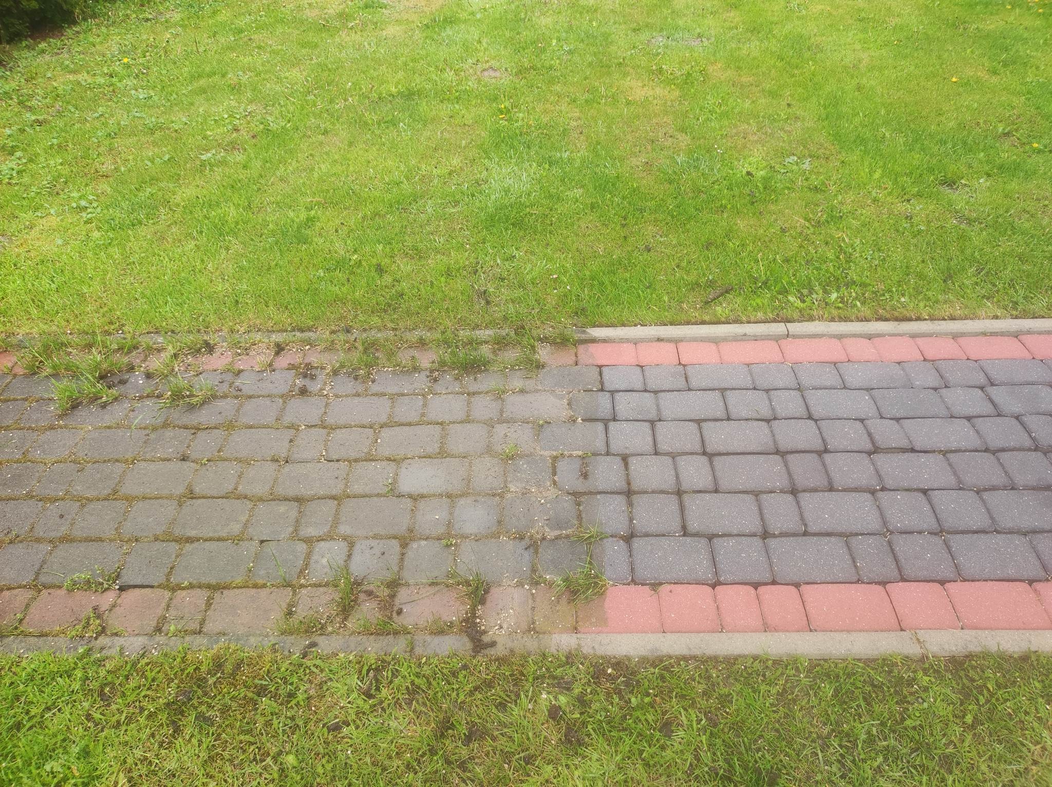 Porównanie stanu kostki brukowej przed i po czyszczeniu, widoczna różnica w kolorze i usunięte zabrudzenia, obok trawnik.