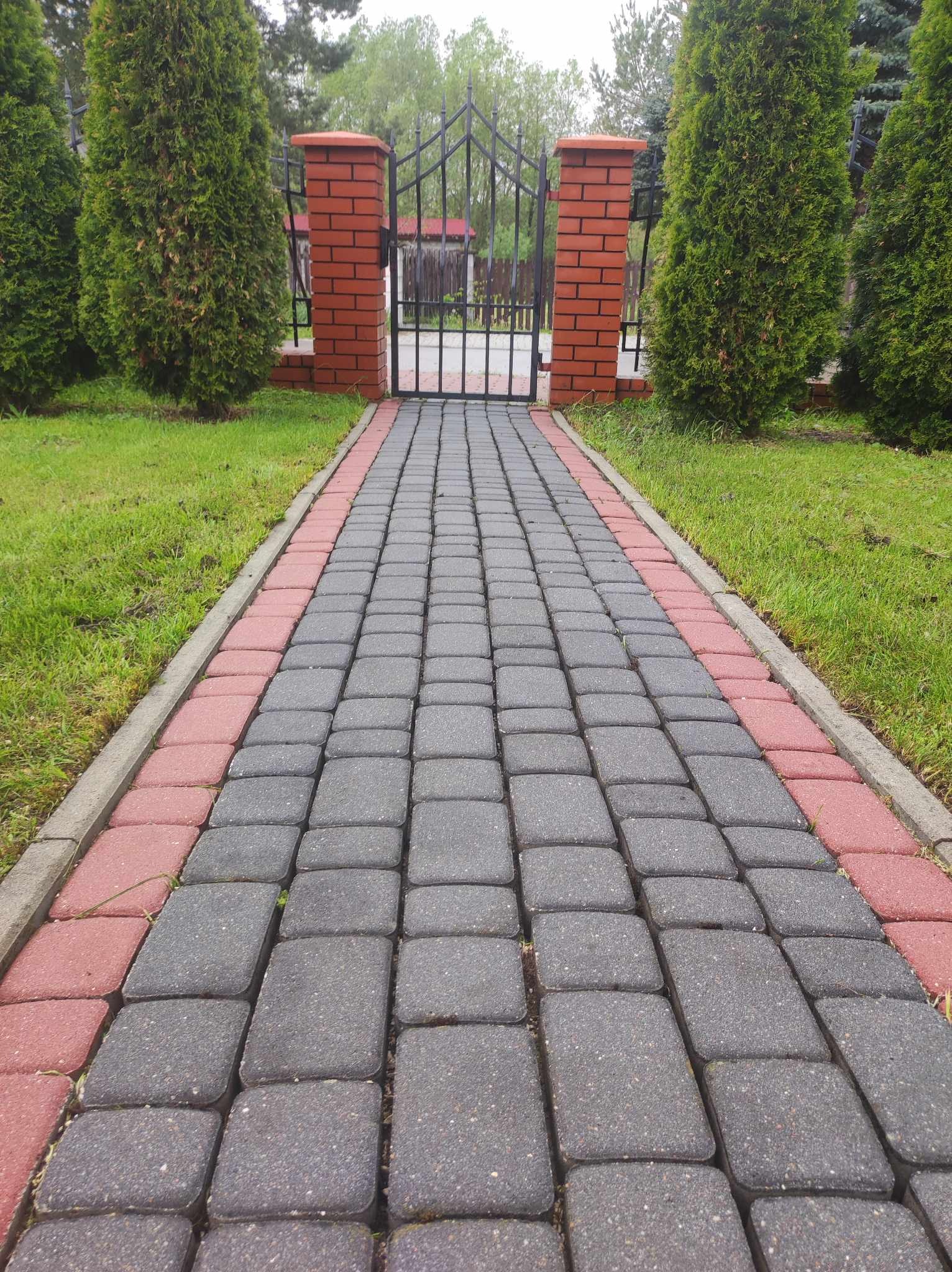 Ułożona z szarych kostek brukowych ścieżka z czerwonym obramowaniem prowadząca do metalowej bramki między ceglanymi słupkami, otoczona zielonymi tujami i trawnikiem.