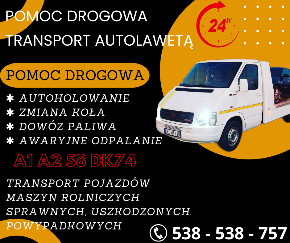 Reklama firmy z Bełchatowa oferującej pomoc drogową i transport pojazdów autolawetą, z informacją o całodobowej dostępności i numerem telefonu.