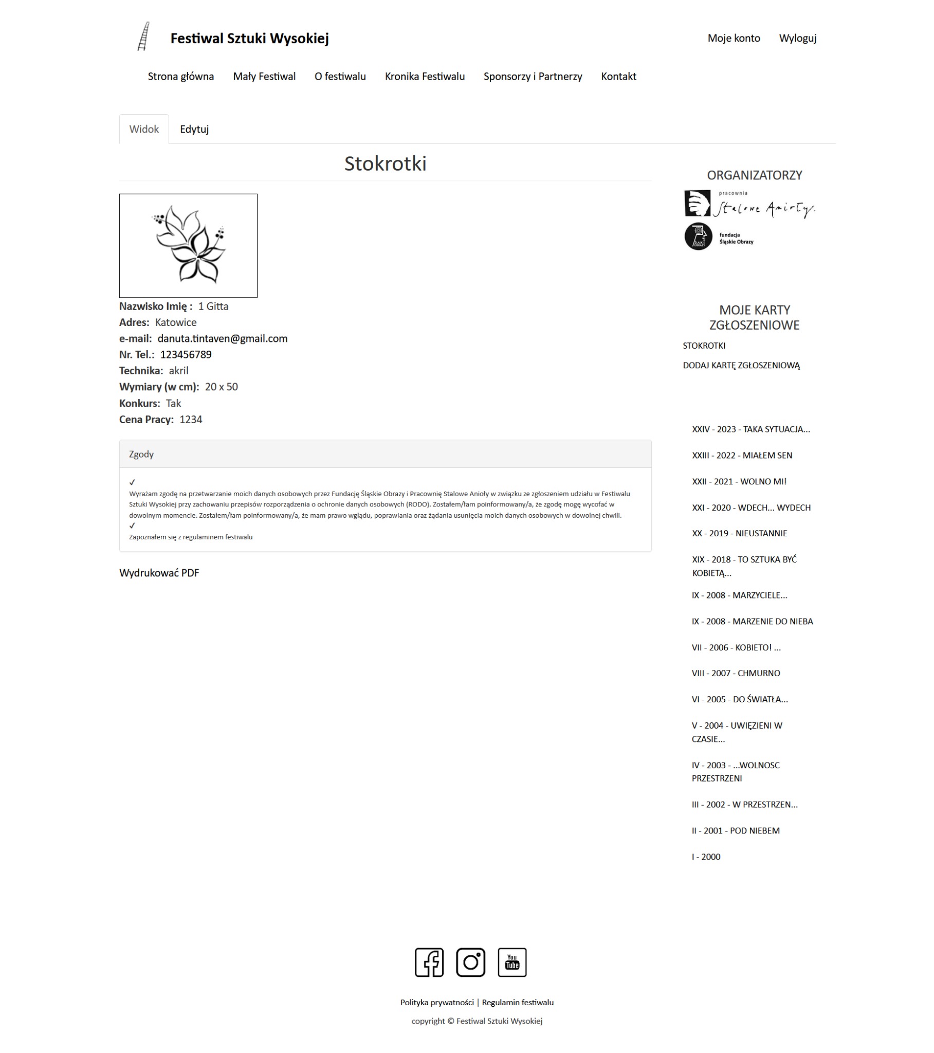 Zrzut ekranu strony internetowej festiwalu sztuki wysokiej, prezentujący formularz zgłoszeniowy uczestnika z danymi osobowymi, informacjami o technice i wymiarach pracy, zgodami RODO oraz listą...