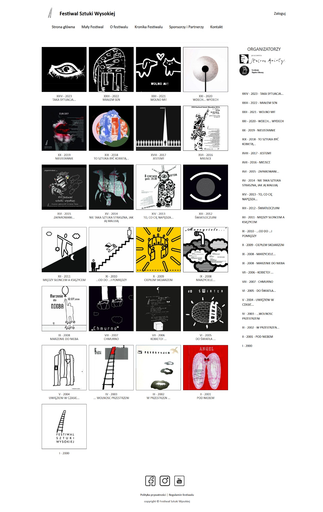 Archiwalne plakaty Festiwalu Sztuki Wysokiej z różnych lat, prezentowane na stronie internetowej festiwalu. Różnorodne grafiki w stylu minimalistycznym i abstrakcyjnym, z datami i tytułami wydarzeń...