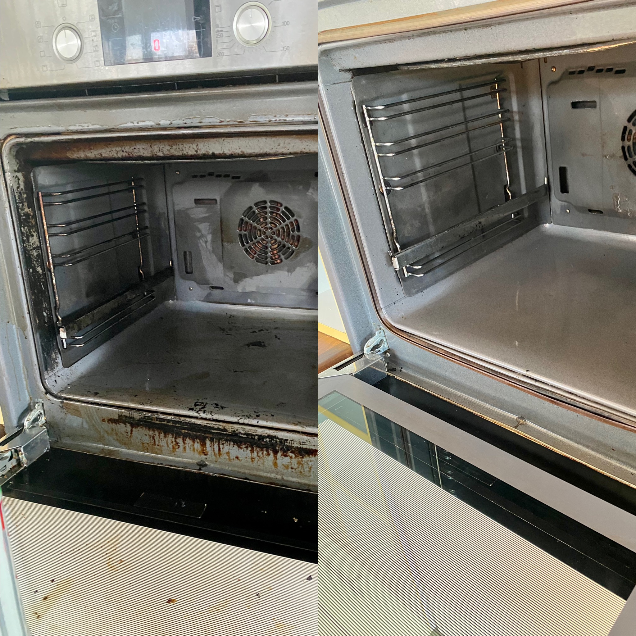 Zdjęcie przedstawia wnętrze piekarnika przed i po czyszczeniu. Po lewej stronie piekarnik jest brudny, z przypalonym tłuszczem i resztkami jedzenia. Po prawej stronie piekarnik jest czysty...