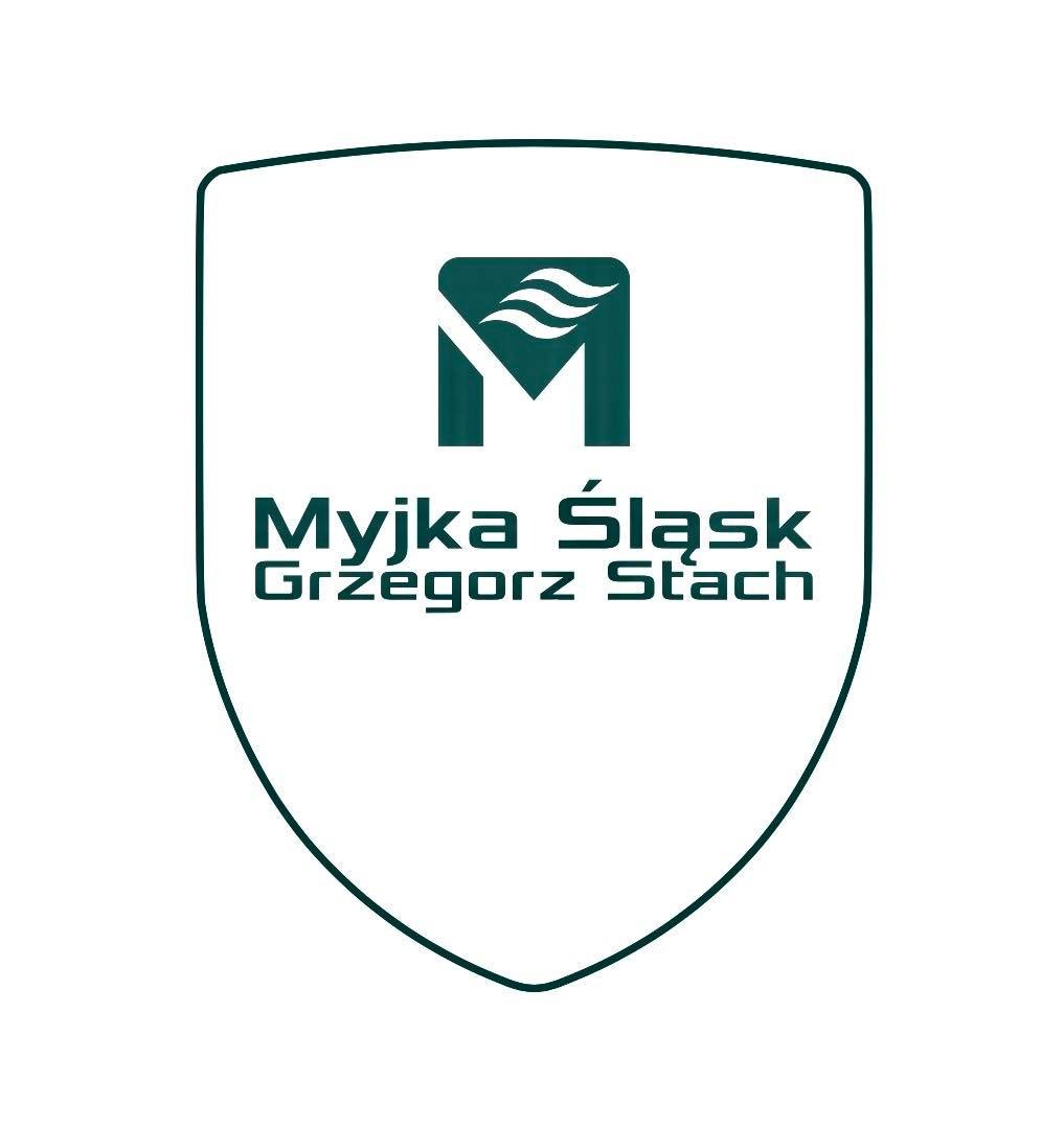 Logo firmy Myjka Śląsk Grzegorz Stach w kształcie tarczy z symbolem fal w górnej części.