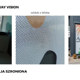 Art .Visual Plus Sp. Z o.o - Prezentacja folii OWV (One Way Vision) na oknie: widok z wnętrza pomieszczenia z drukarką, zbliżenie struktury perforowanej folii oraz widok z zewnątrz z reklamą Agencji Reklamowej i Drukarni...