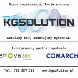 Logo firmy KGSOLUTION z hasłem 'Nasze rozwiązania, Twoje sukcesy' i informacją 'wdrażamy ERP, pokonujemy wyzwania!', autoryzowany partner systemów enova365 i Comarch, dane kontaktowe: telefon...