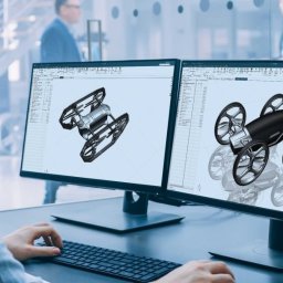 B-Technology Sp. z o.o. - Inżynier projektuje w programie CAD model pojazdu terenowego z napędem gąsienicowym i kołowym na dwóch monitorach.