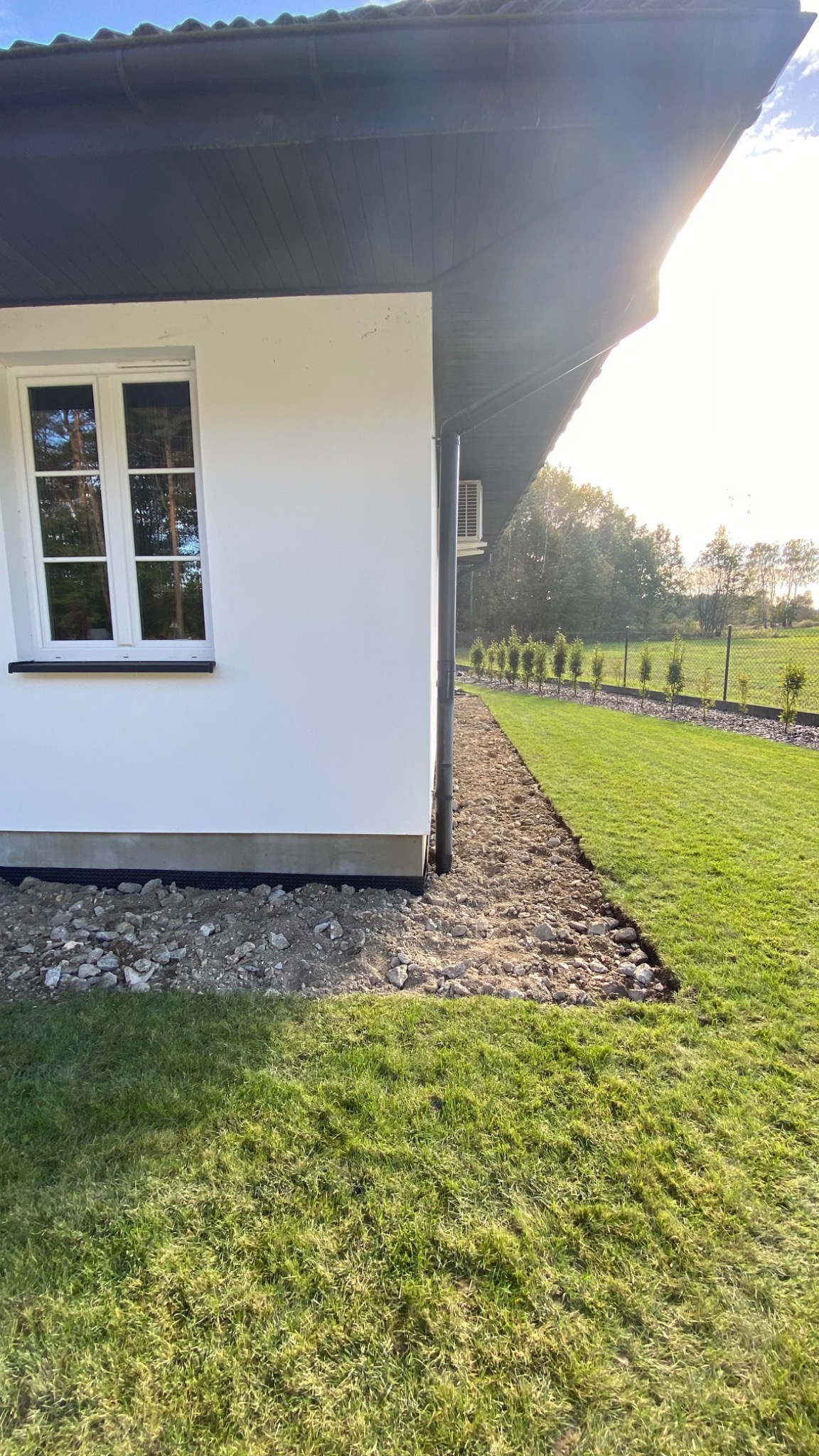 Przygotowanie terenu przy ścianie budynku pod drenaż, widoczne wykopane podłoże z kamieniami, trawnik i rząd małych drzewek w tle.