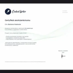 Certyfikat ukończenia kursu korekty tekstu, wystawiony przez Content Writer dla Barbary Radosiuk, z podpisem CEO Bartosza Ciesielskiego.