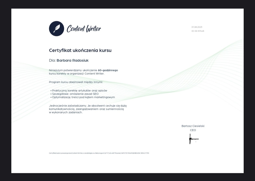 Certyfikat ukończenia kursu korekty tekstu, wystawiony przez Content Writer dla Barbary Radosiuk, z podpisem CEO Bartosza Ciesielskiego.