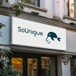 Podświetlany szyld nad wejściem do lokalu z nazwą 'SoUnique' i graficznym symbolem delfina w minimalistycznym stylu.