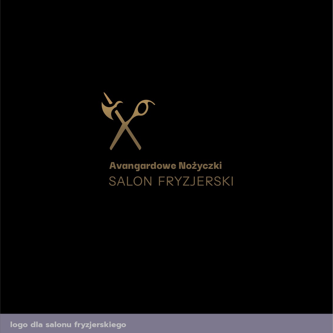 Złote logo salonu fryzjerskiego 'Avangardowe Nożyczki' na czarnym tle, przedstawiające skrzyżowane nożyczki i topór.
