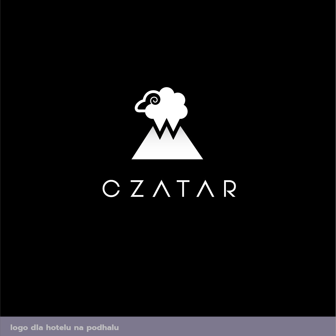Minimalistyczne, białe logo hotelu 'CZATAR' na czarnym tle, przedstawiające stylizowaną górę z chmurą przypominającą owcę.