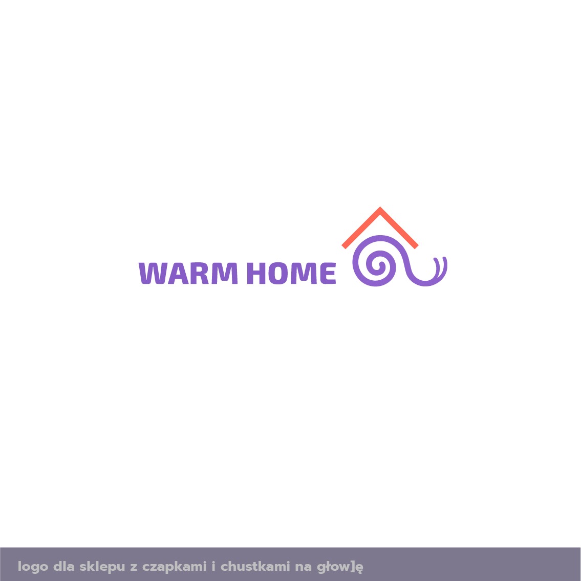 Minimalistyczne logo z nazwą 'WARM HOME' w kolorze fioletowym, nad którą znajduje się symbol domu z dymem w kształcie spirali w kolorach pomarańczowym i fioletowym, przeznaczone dla sklepu...