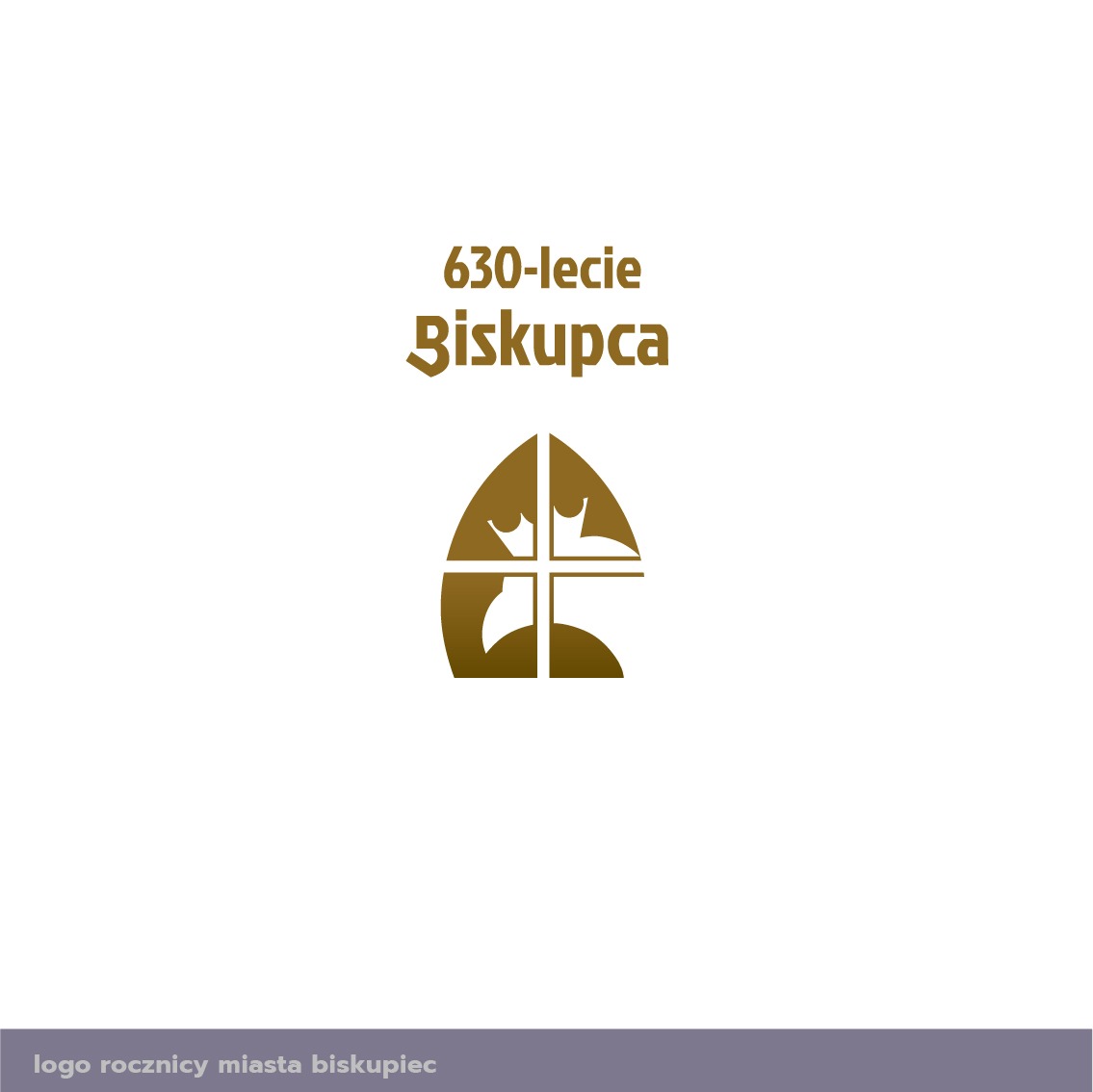 Złote logo 630-lecia Biskupca, przedstawiające stylizowaną formę okna z motywami korony i ptaka, umieszczone na białym tle.