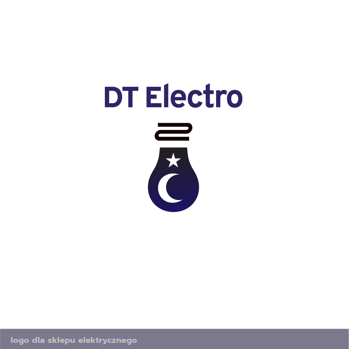 Logo DT Electro: żarówka z symbolem gwiazdy i półksiężyca, stylizowane przewody na górze, ciemnoniebieski gradient na białym tle.