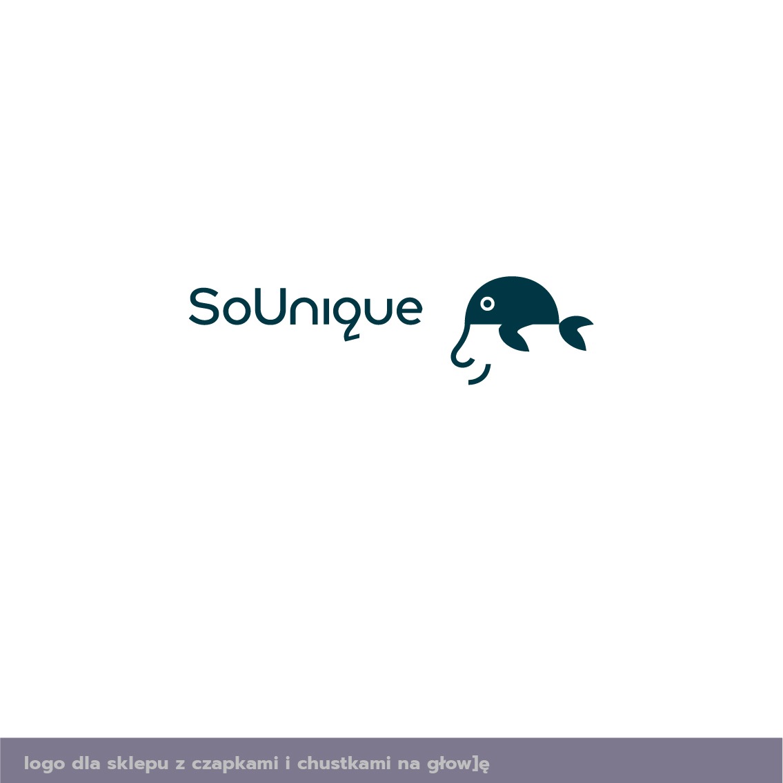 Logo 'SoUnique' z graficznym elementem delfina z ludzką twarzą, przeznaczone dla sklepu z czapkami i chustkami.