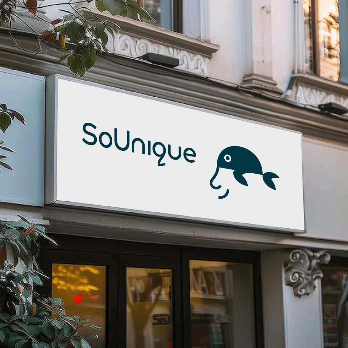 Podświetlany szyld nad wejściem do lokalu z nazwą 'SoUnique' i graficznym symbolem delfina w minimalistycznym stylu.