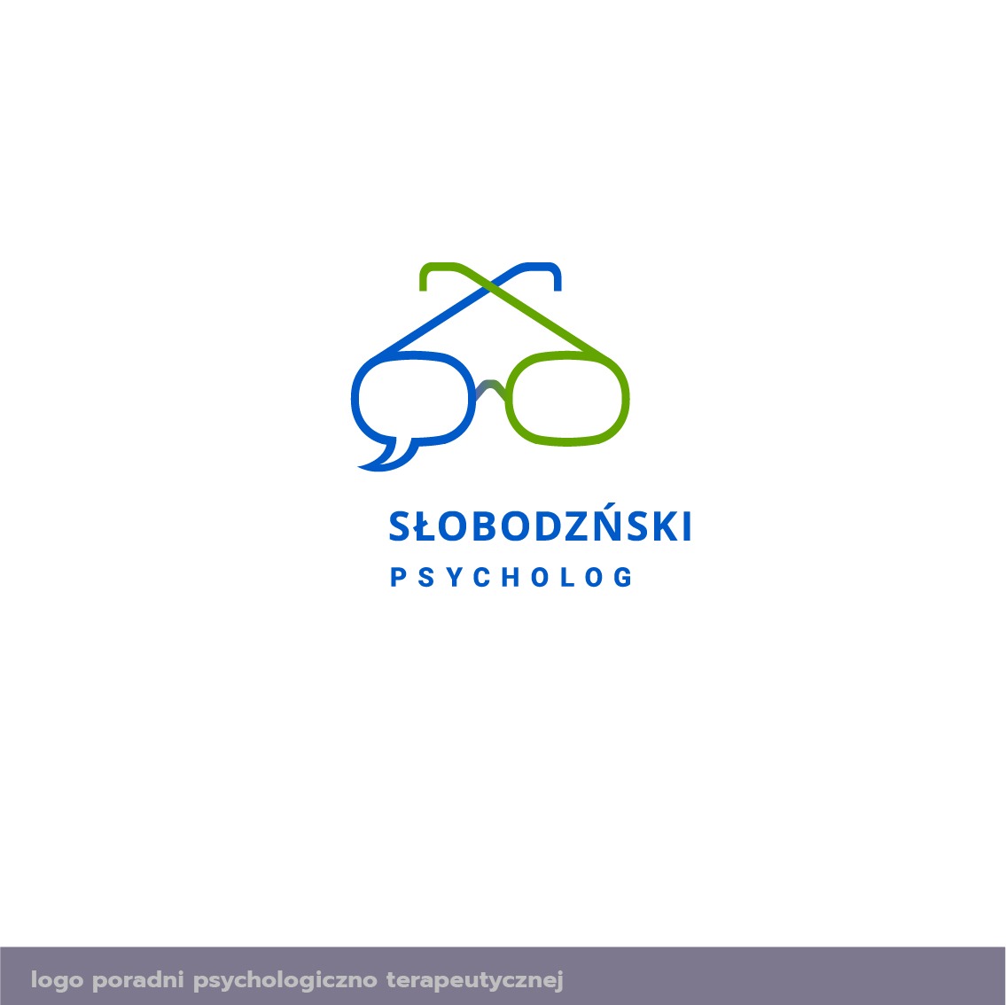 Minimalistyczne logo poradni psychologicznej: okulary z dymkiem, niebiesko-zielone linie na białym tle, nazwa poradni i zawód psycholog.
