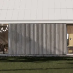 Wizualizacja nowoczesnego domu z białym dachem, drewnianą elewacją, tarasem z wiszącym fotelem i girlandą światełek oraz widokiem na jadalnię przez okno.