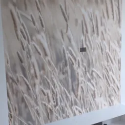 Ściana z fototapetą przedstawiającą motyw trawy, pod nią biała szafka RTV z otwartymi półkami. Na podłodze leży biała tkanina.