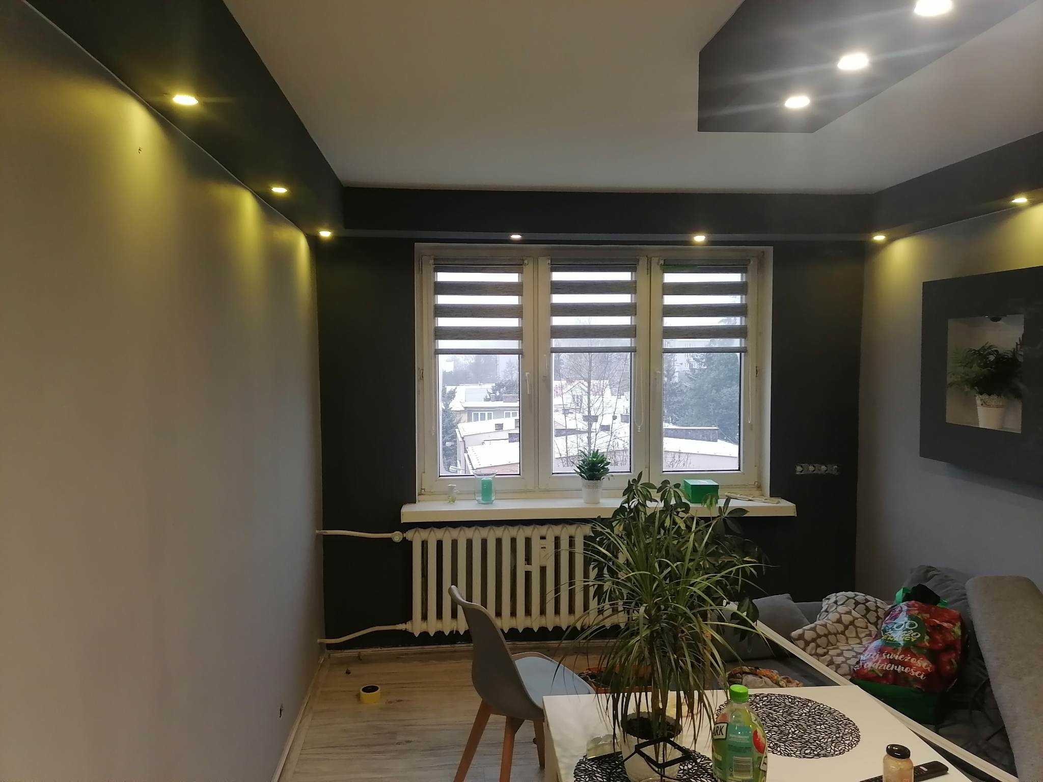 Wnętrze pokoju po remoncie: ściany pomalowane na dwa kolory (szary i grafitowy), podwieszany sufit z oświetleniem punktowym, okno z żaluzjami poziomymi, grzejnik i rośliny doniczkowe.