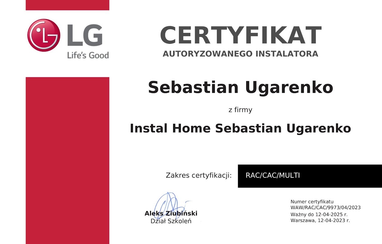 Certyfikat autoryzowanego instalatora LG dla Sebastiana Ugarenko z firmy Instal Home Sebastian Ugarenko, zakres certyfikacji RAC/CAC/MULTI, podpisany przez Aleksa Ziubińskiego z Działu Szkoleń.