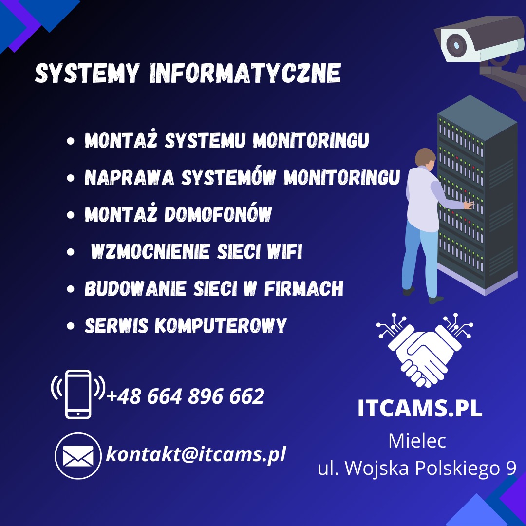 Grafika reklamowa firmy IT, oferującej montaż i naprawę systemów monitoringu, domofonów, wzmocnienie sieci WiFi, budowanie sieci firmowych oraz serwis komputerowy. Widoczny schematyczny serwer...