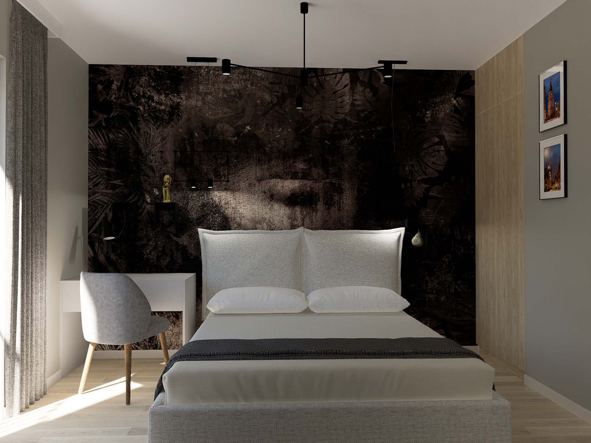 Sypialnia z łóżkiem typu king-size z szarą tapicerką i wezgłowiem, ciemna ściana z motywem dżungli, czarna lampa sufitowa z regulowanymi ramionami, biurko z krzesłem w rogu pokoju, dwa obrazy...