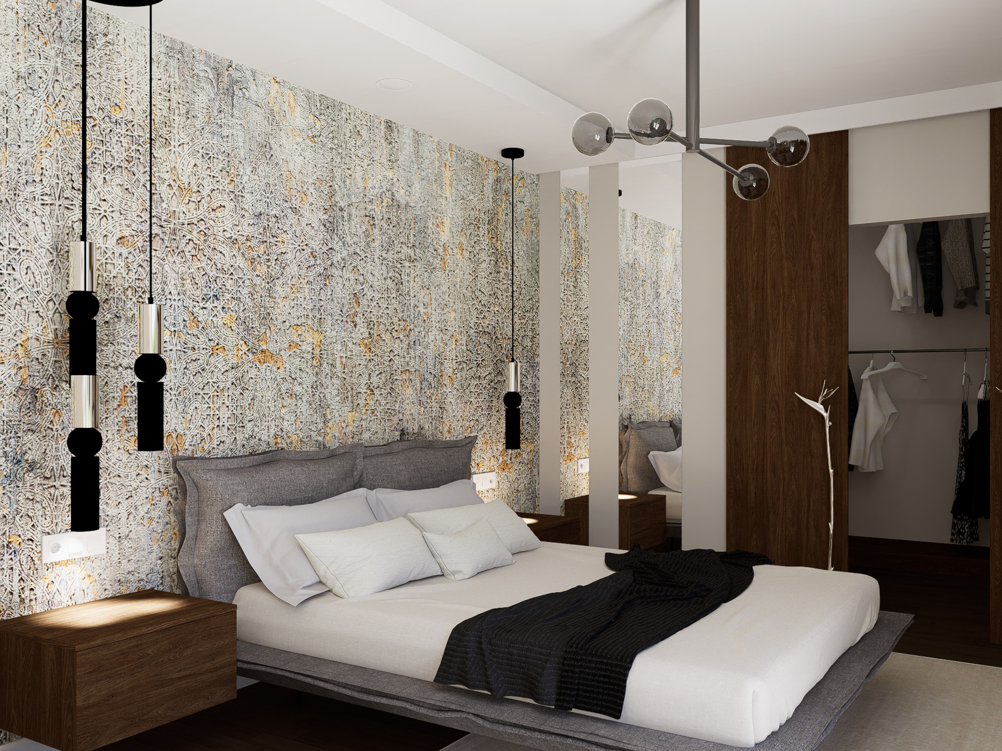 Nowoczesna sypialnia z wzorzystą tapetą, szarą ramą łóżka i czarnym pledem, oświetlona wiszącymi lampami i designerskim żyrandolem.