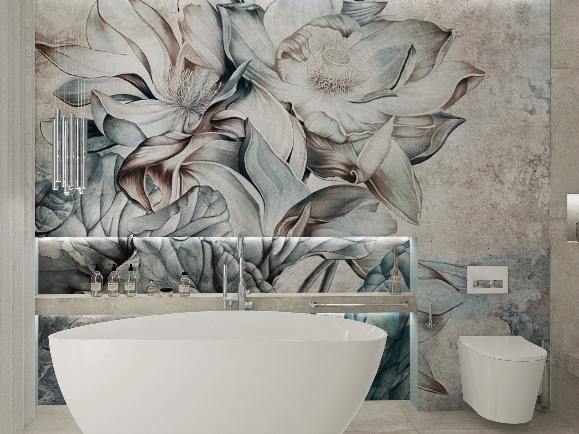 Nowoczesna łazienka z wolnostojącą białą wanną, armaturą chromowaną i dekoracyjną tapetą w kwiaty.