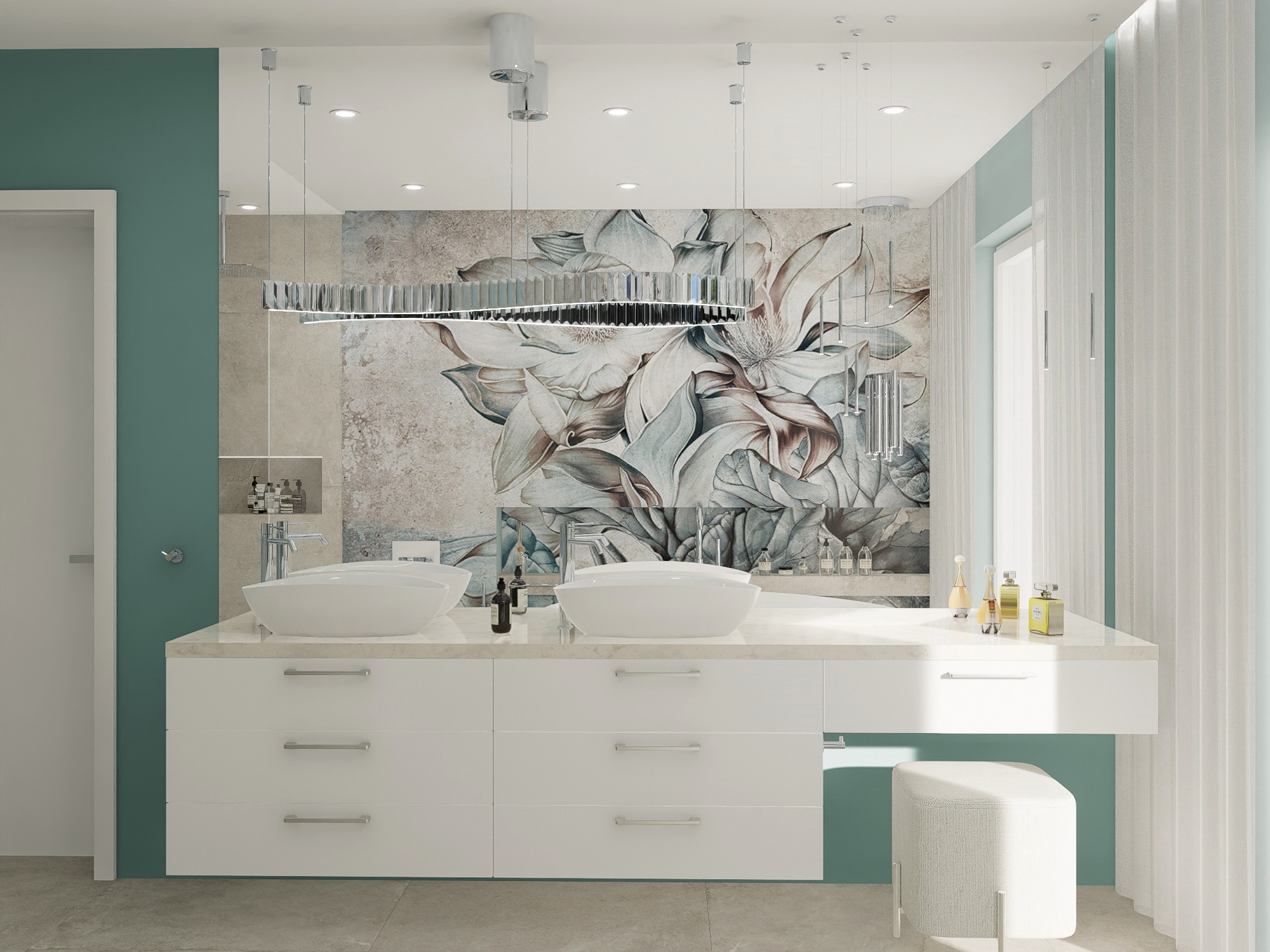 Nowoczesna łazienka z podwójną umywalką nablatową, białymi szafkami z szufladami, marmurowym blatem, dekoracyjną tapetą z motywem kwiatowym, designerską lampą wiszącą i turkusowymi ścianami.