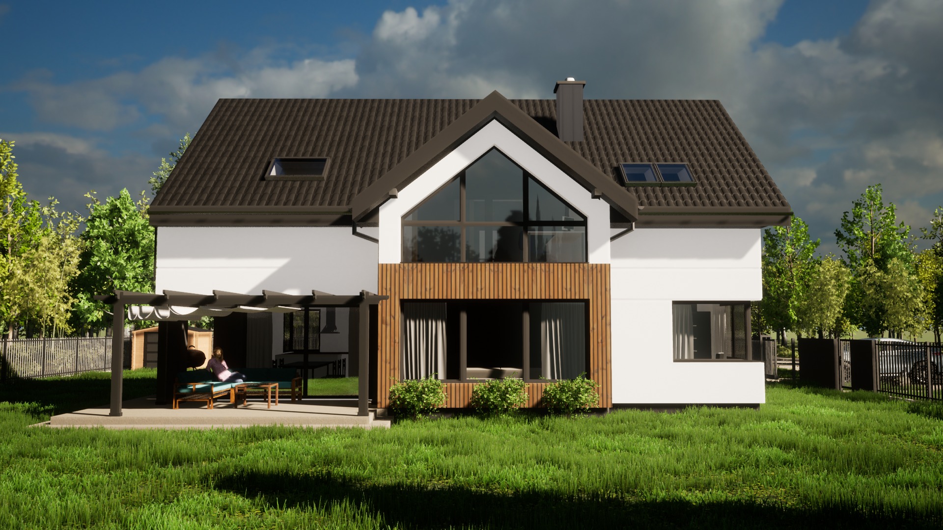 Wizualizacja nowoczesnego domu z białymi ścianami, drewnianą elewacją, dużym oknem trójkątnym na poddaszu i zadaszonym tarasem z siedzącą osobą.