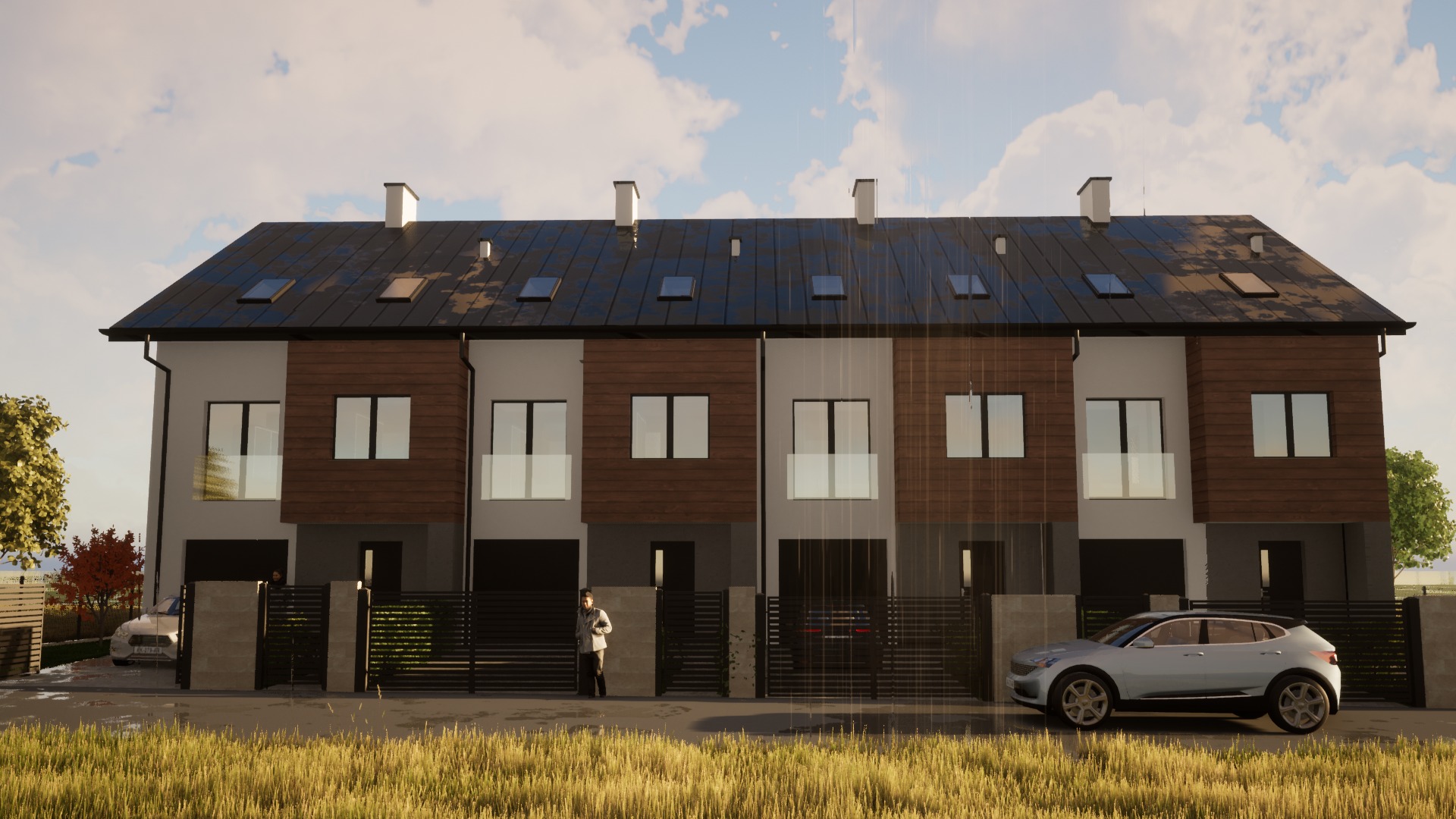 Wizualizacja szeregu nowoczesnych domów dwukondygnacyjnych z drewnianymi panelami na elewacji, czarnym dachem z oknami dachowymi i ogrodzeniem z metalowych paneli, z zaparkowanymi samochodami...