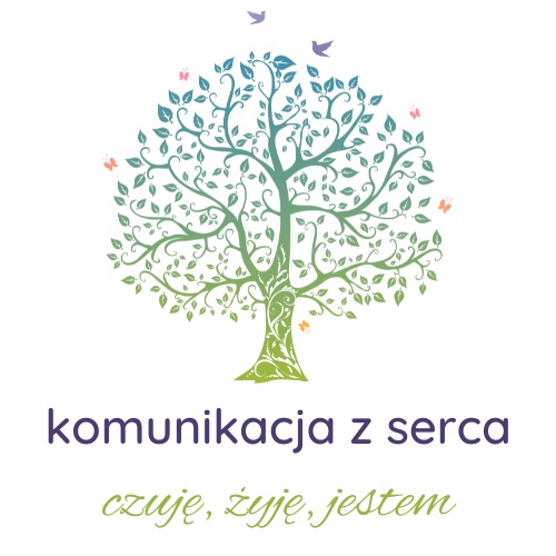 Grafika drzewa z motylami i ptakami, z napisem 'komunikacja z serca czuję, żyję, jestem'.